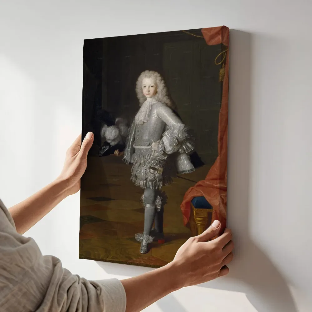Sfeerimpressie: Lodewijk I, prins van Asturië van Michel Ange Houasse terwijl het aan de muur wordt gehangen