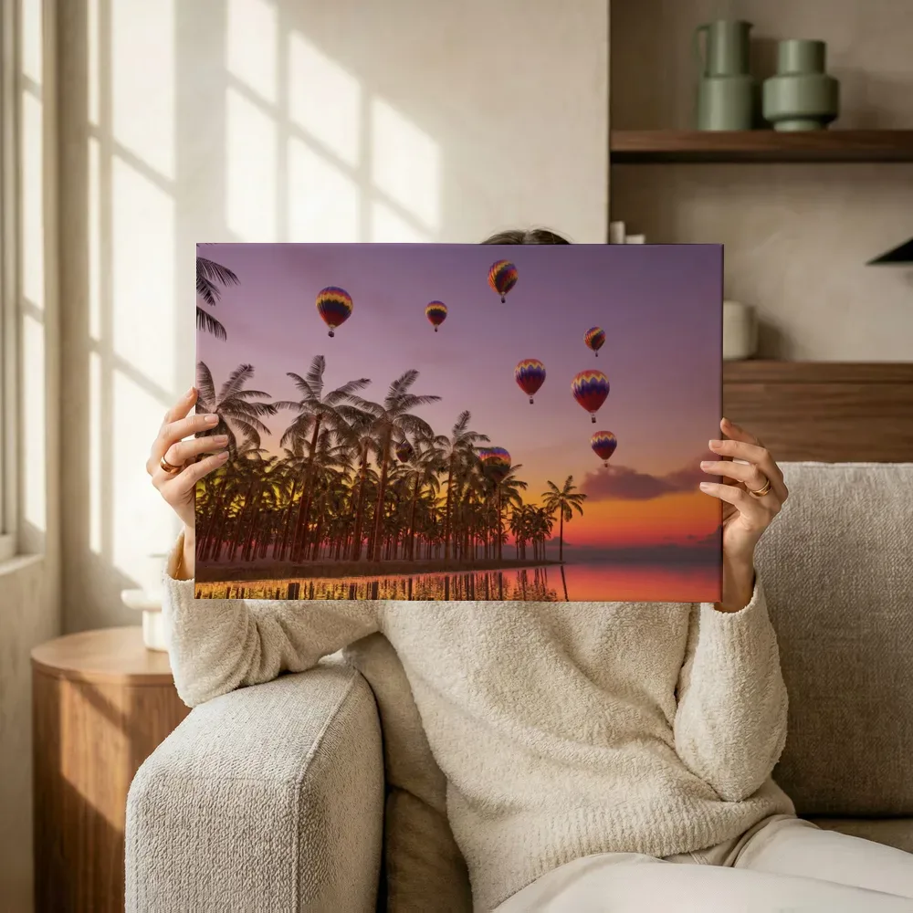 Sfeerimpressie: Luchtballonnen boven palmenrij bij zonsondergang terwijl het omhoog wordt gehouden