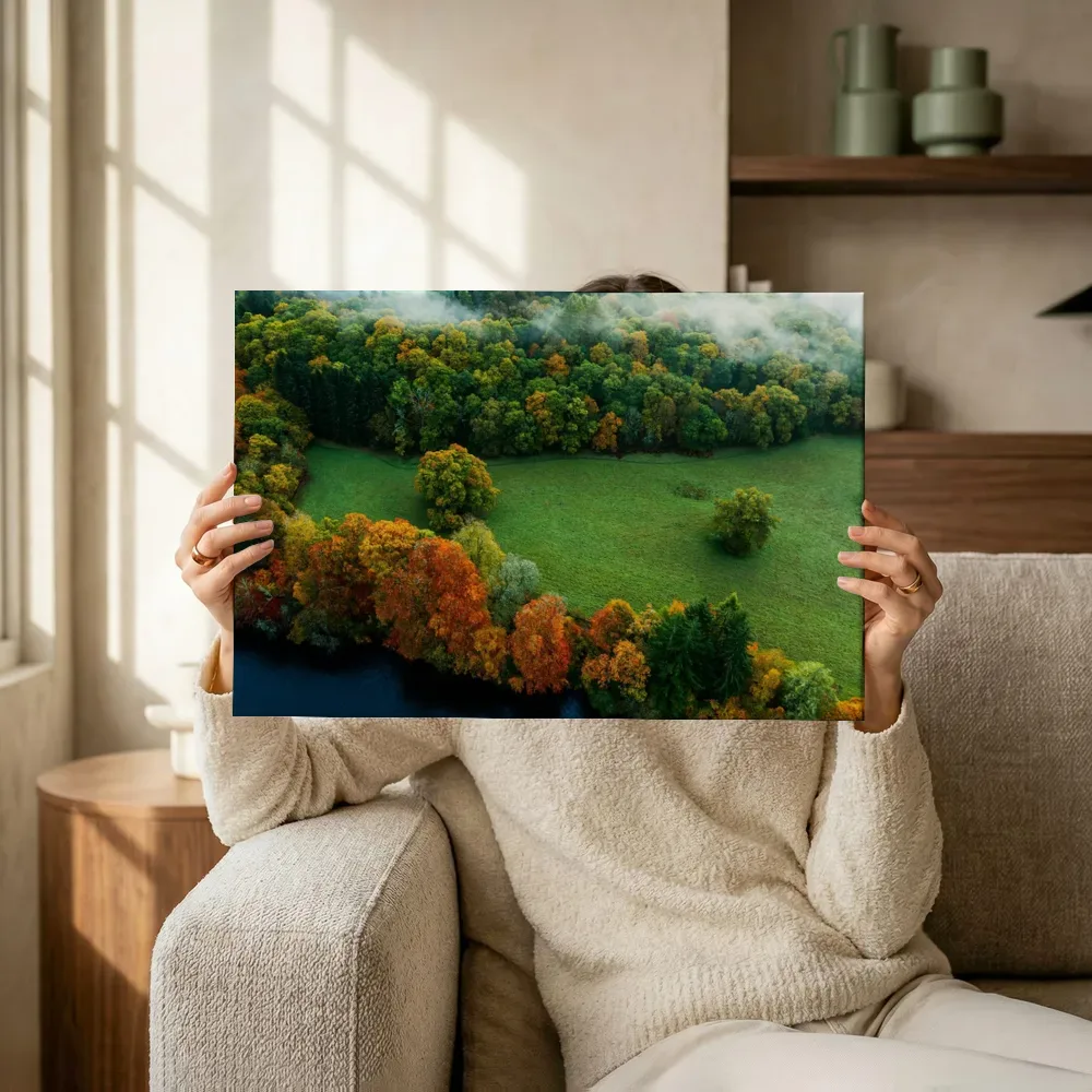 Sfeerimpressie: Luchtfoto van weiland omzoomd door herfstbos terwijl het omhoog wordt gehouden