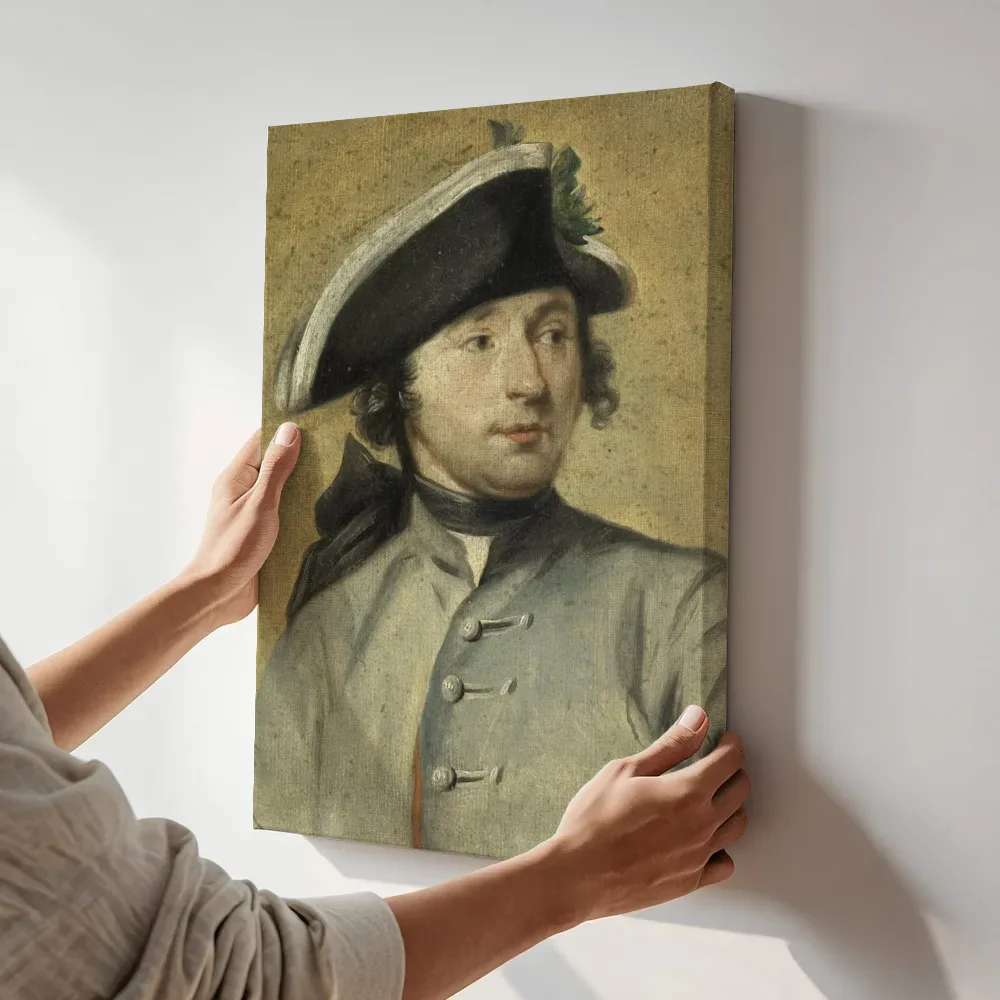 Sfeerimpressie: Ludolf Bakhuysen II (1717 82). Schilder en militair, kleinzoon van de zeeschilder Ludolf Bakhuysen I van Cornelis Troost terwijl het aan de muur wordt gehangen