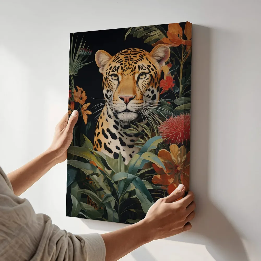 Sfeerimpressie: Luipaard tussen bladeren en oranje bloemen terwijl het aan de muur wordt gehangen