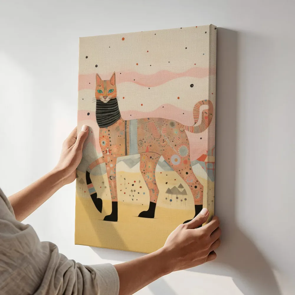 Sfeerimpressie: Luipaardkat in roze woestijn terwijl het aan de muur wordt gehangen