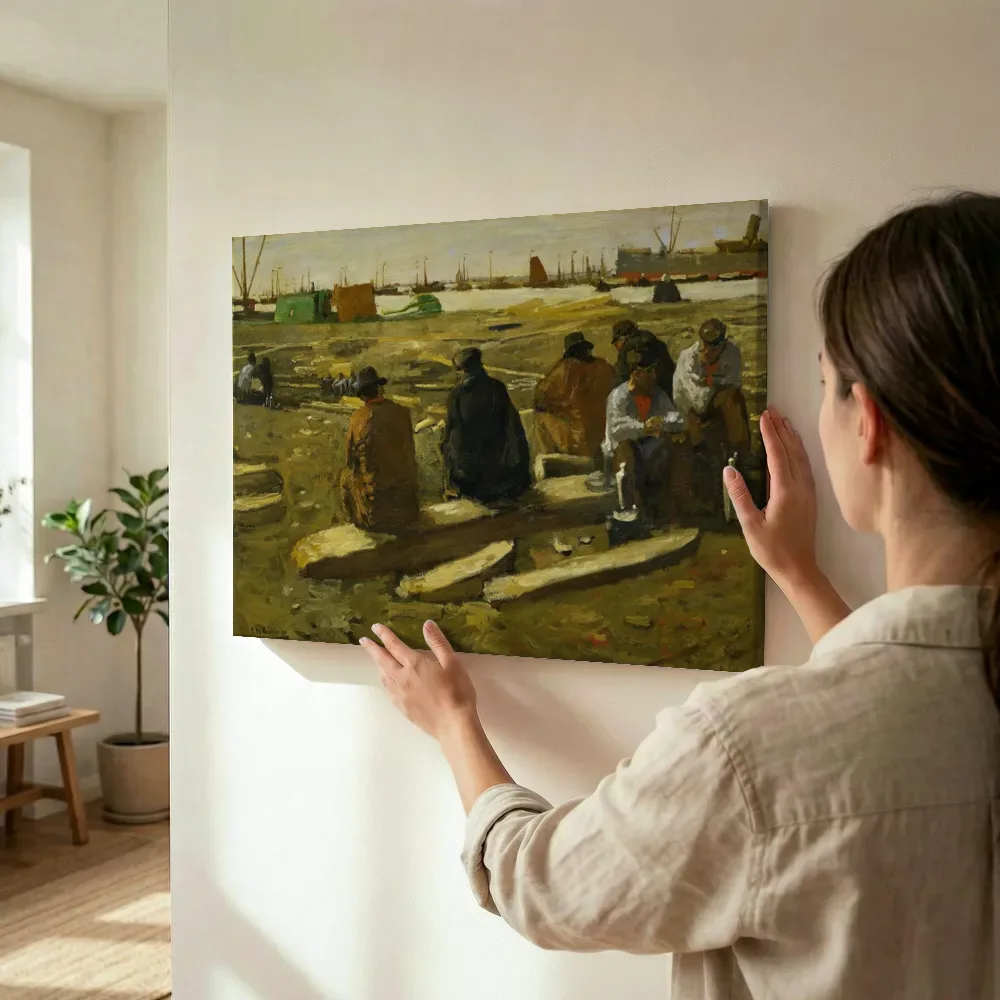 Sfeerimpressie: Het schaftuur op de bouwplaats aan de Van Diemenstraat in Amsterdam van George Hendrik Breitner terwijl het wordt opgehangen