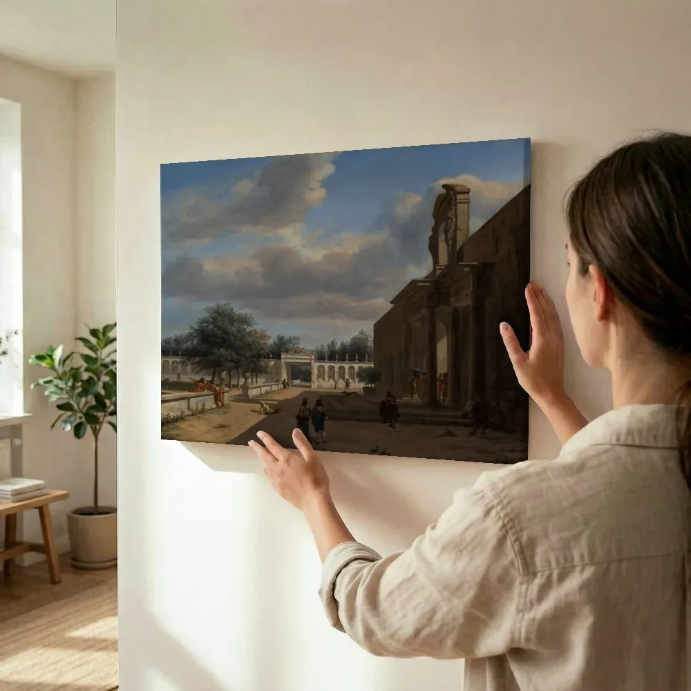 Sfeerimpressie: Lustpark met elegante figuren met in de verte de koepel van Huis ten Bosch van Jan van der Heyden terwijl het wordt opgehangen