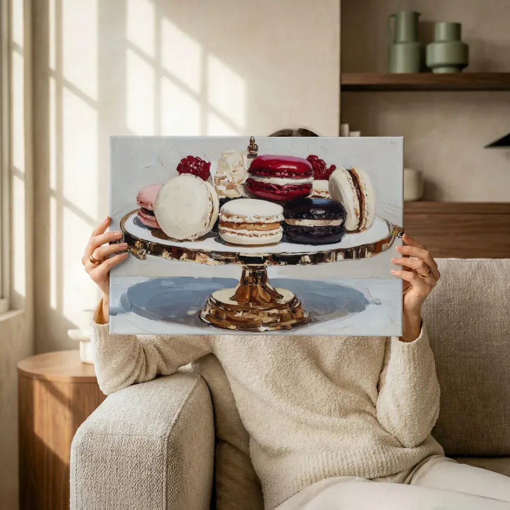 Sfeerimpressie: Macarons op gouden standaard terwijl het omhoog wordt gehouden
