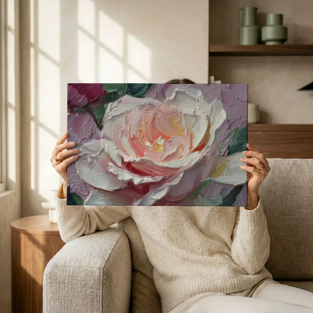Sfeerimpressie: Macro roze roos close-up terwijl het omhoog wordt gehouden