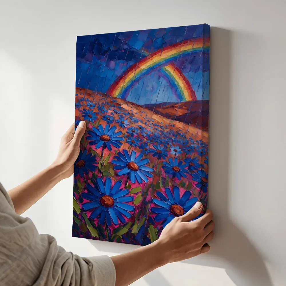 Sfeerimpressie: Madeliefje op de helling in kobaltmagenta terwijl het aan de muur wordt gehangen
