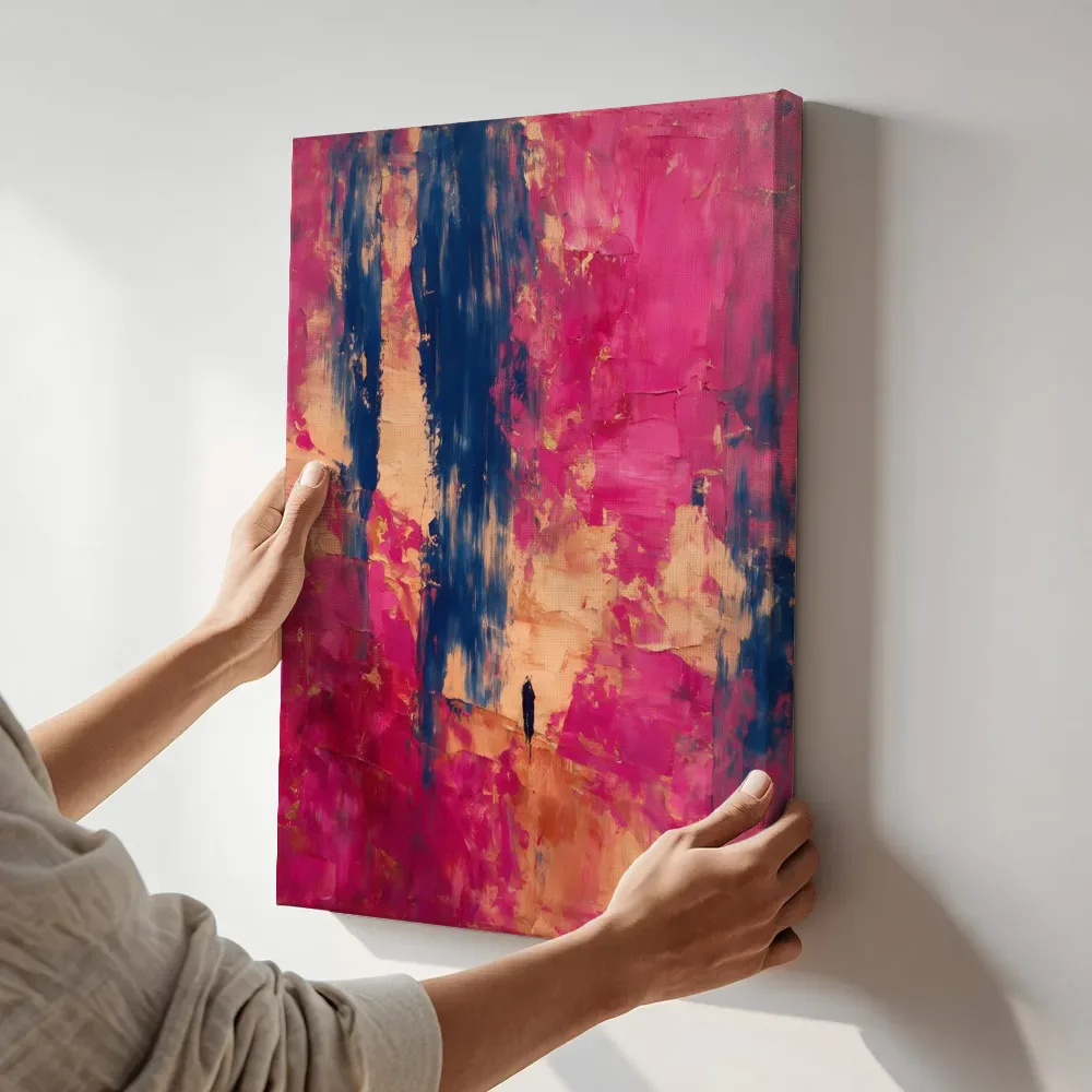 Sfeerimpressie: Magenta en pruisisch blauw in verticale halen terwijl het aan de muur wordt gehangen