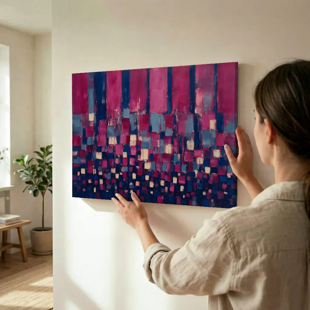 Sfeerimpressie: Magenta en pruisisch blauw van klein naar groot terwijl het wordt opgehangen