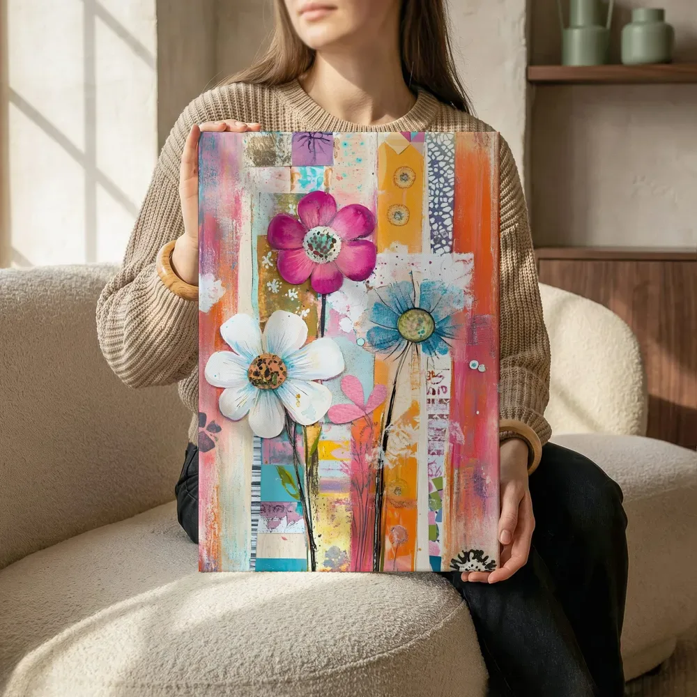 Sfeerimpressie: Magenta en witte bloemen op houtlook terwijl het zittend wordt getoond