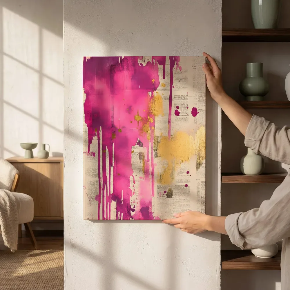 Sfeerimpressie: Magenta goud drip collage naast de kast