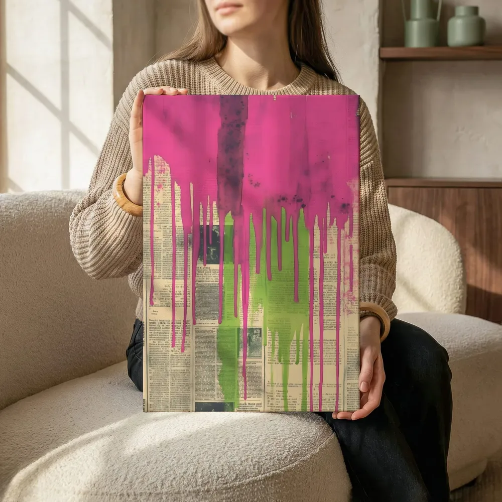 Sfeerimpressie: Magenta groen drip krantencollage terwijl het zittend wordt getoond