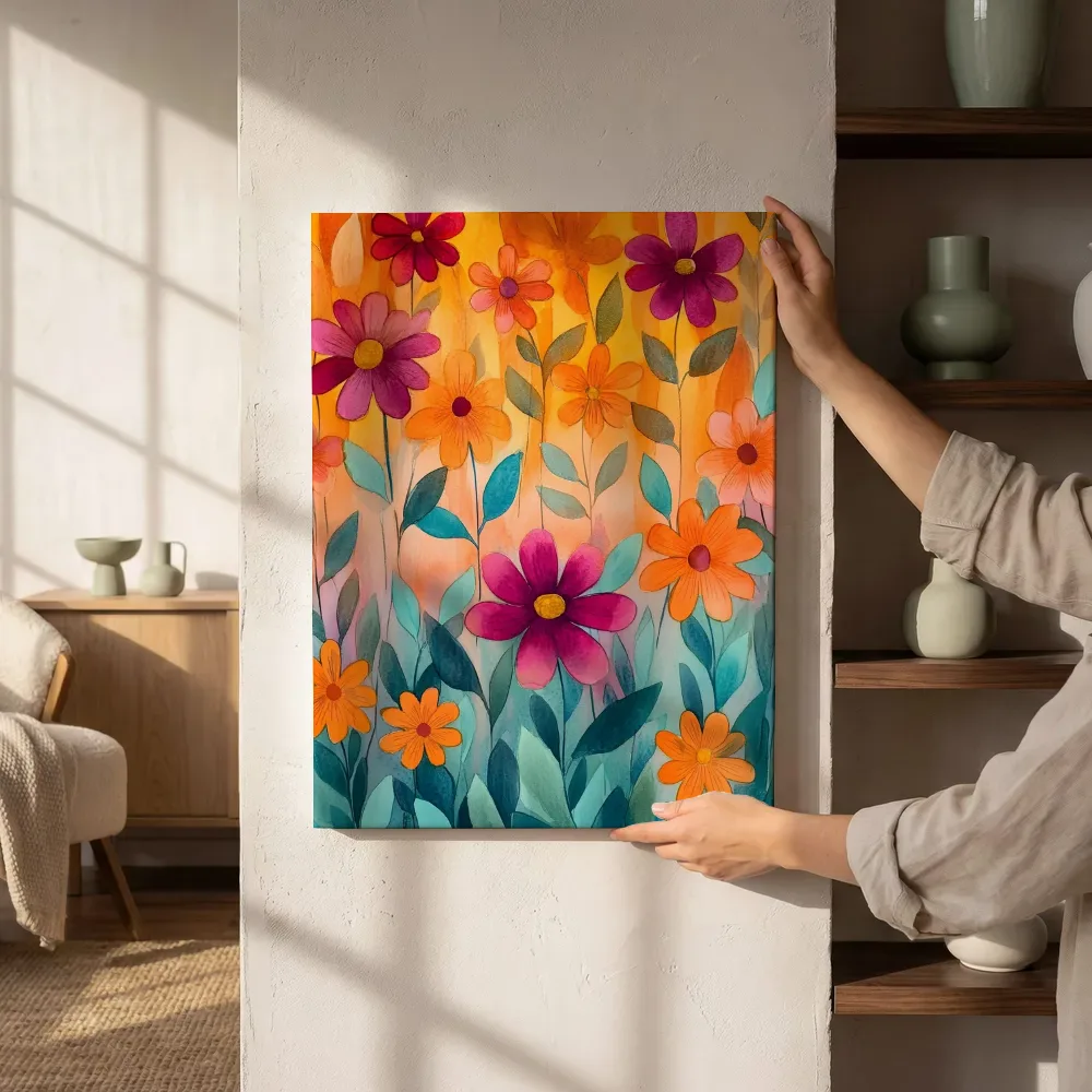 Sfeerimpressie: Magenta oranje bloemen naast de kast