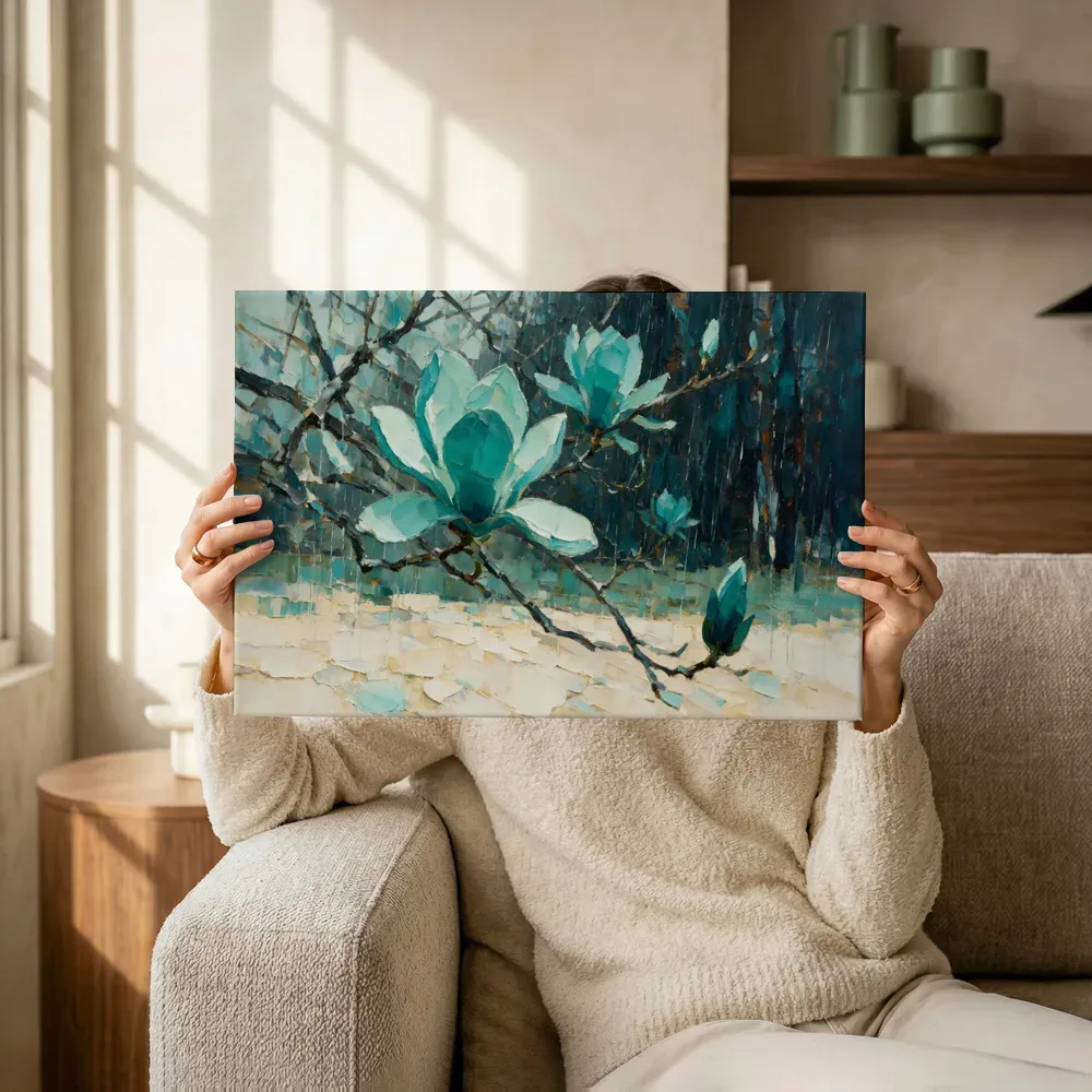 Sfeerimpressie: Magnolia aan de bosrand in turkoois terwijl het omhoog wordt gehouden