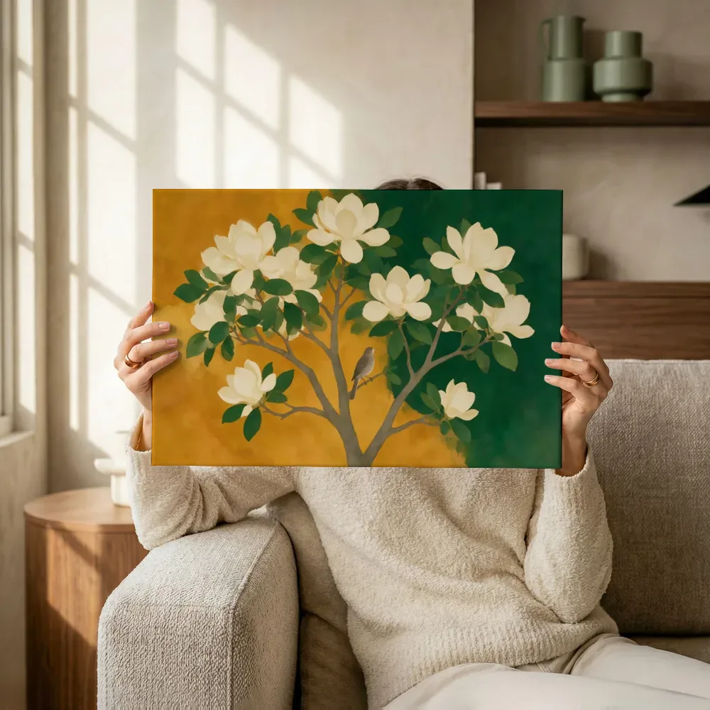 Sfeerimpressie: Magnolia in amber en flessengroen terwijl het omhoog wordt gehouden