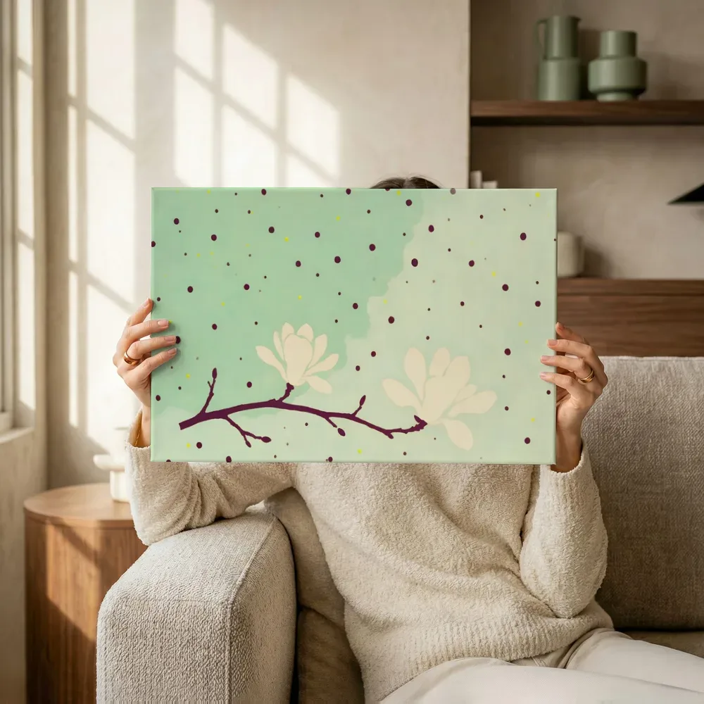 Sfeerimpressie: Magnolia in aubergine en mint terwijl het omhoog wordt gehouden