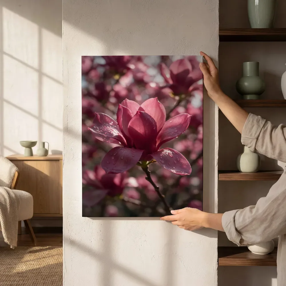 Sfeerimpressie: Magnolia in dauw, glinsterlicht, dieproze naast de kast