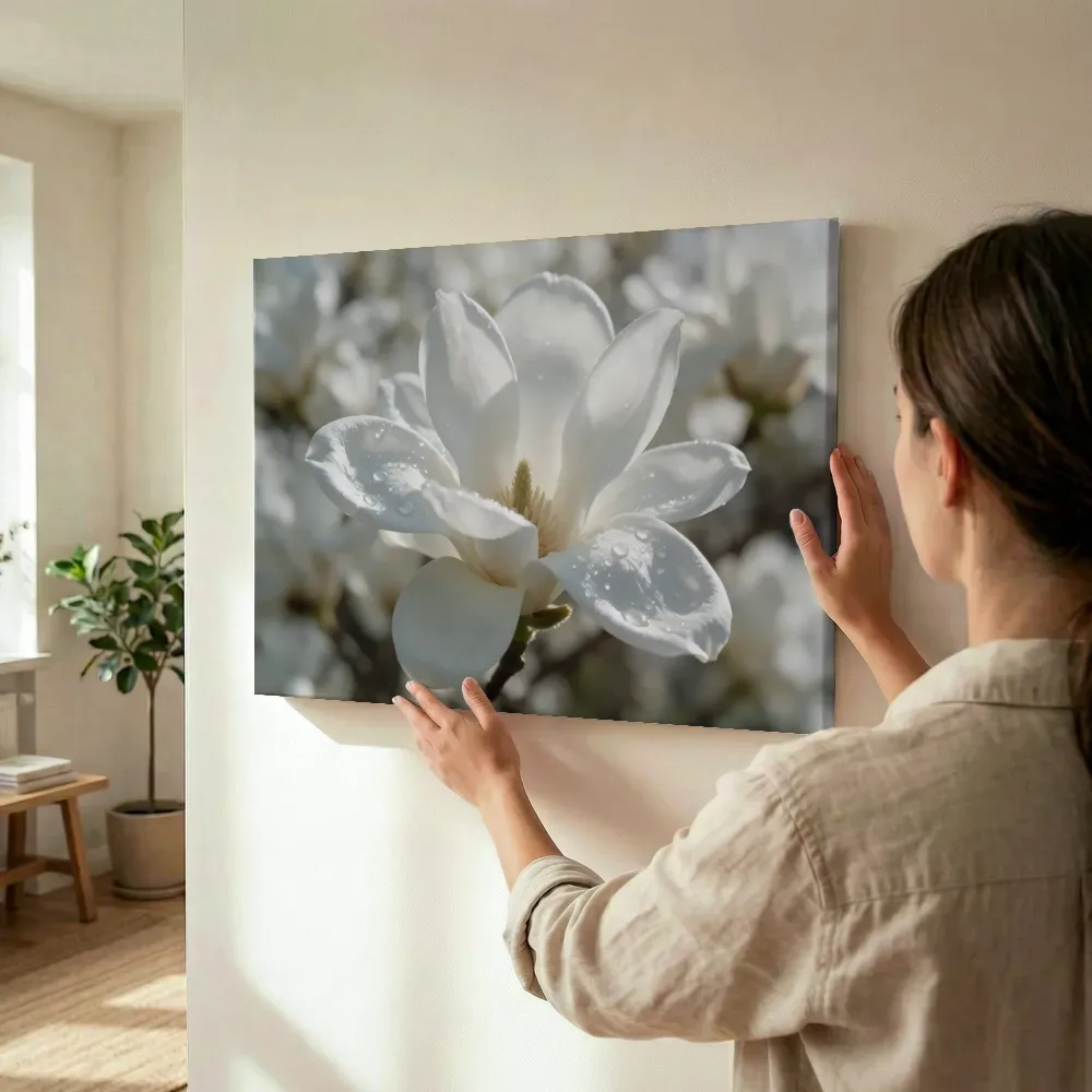 Sfeerimpressie: Magnolia in dauw, glinsterlicht, wit terwijl het wordt opgehangen