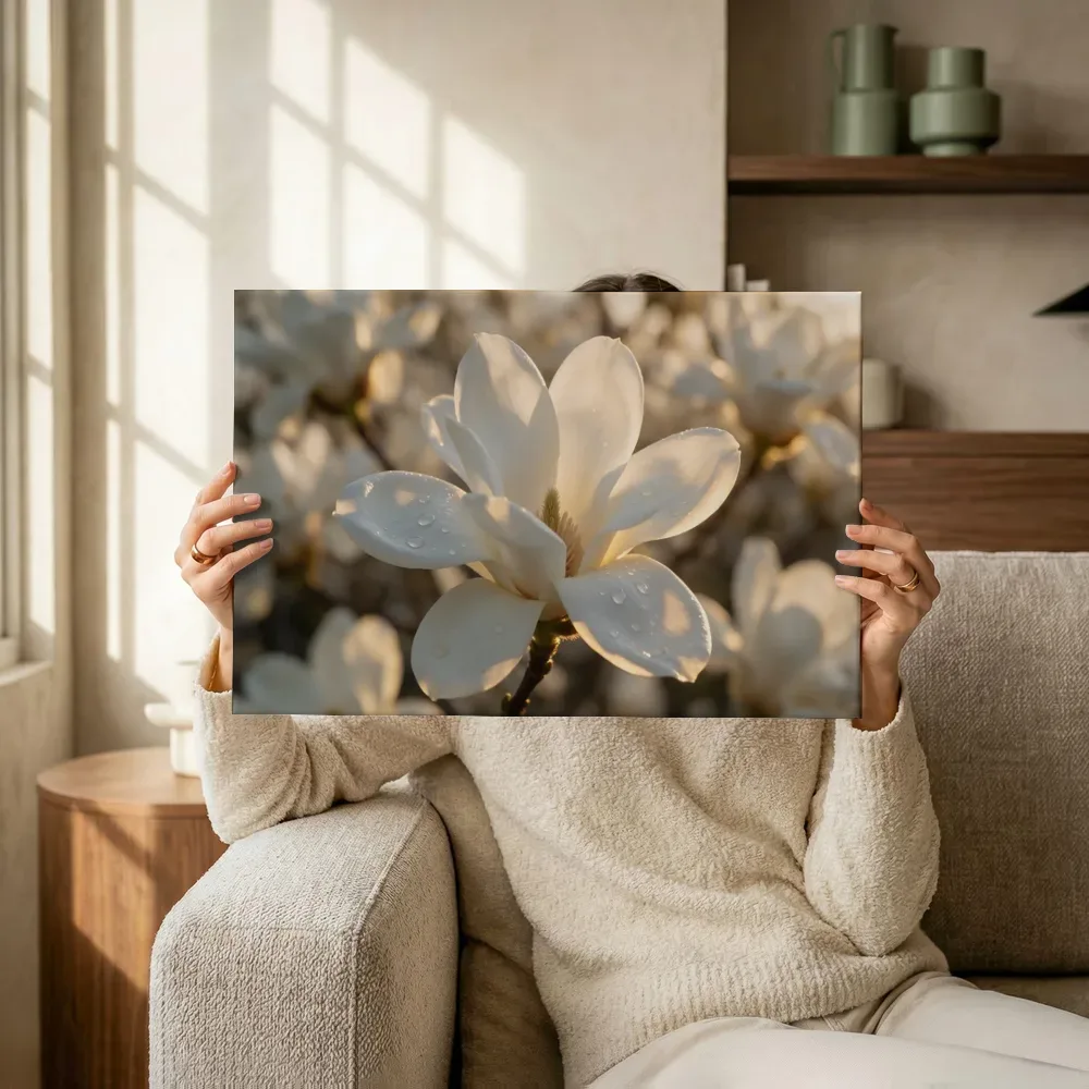 Sfeerimpressie: Magnolia in dauw, gouden gloed, wit 2 terwijl het omhoog wordt gehouden