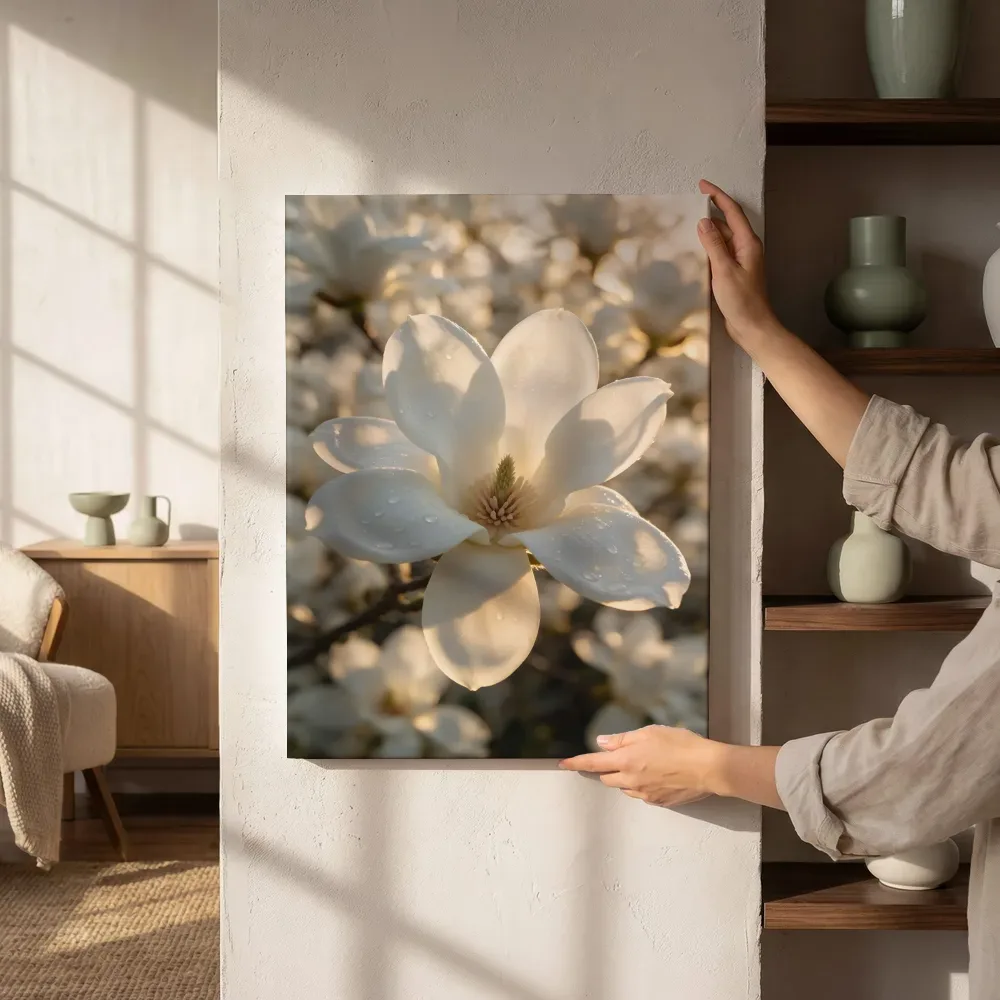 Sfeerimpressie: Magnolia in dauw, gouden gloed, wit naast de kast