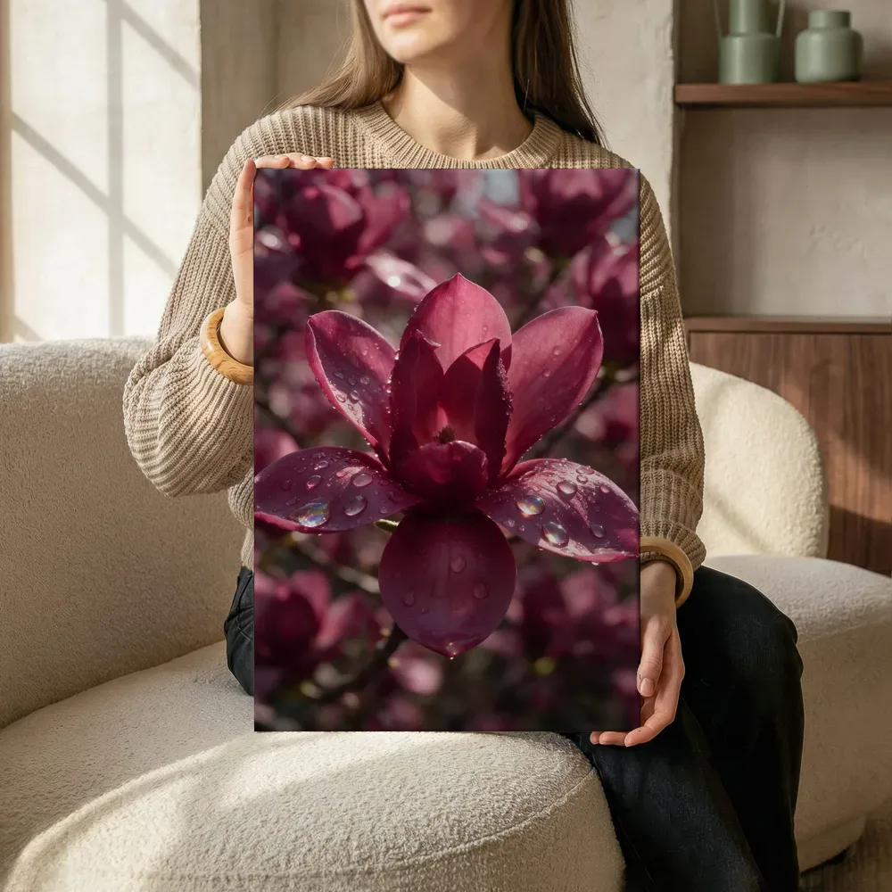 Sfeerimpressie: Magnolia in dauw, regenboogglans, dieproze terwijl het zittend wordt getoond