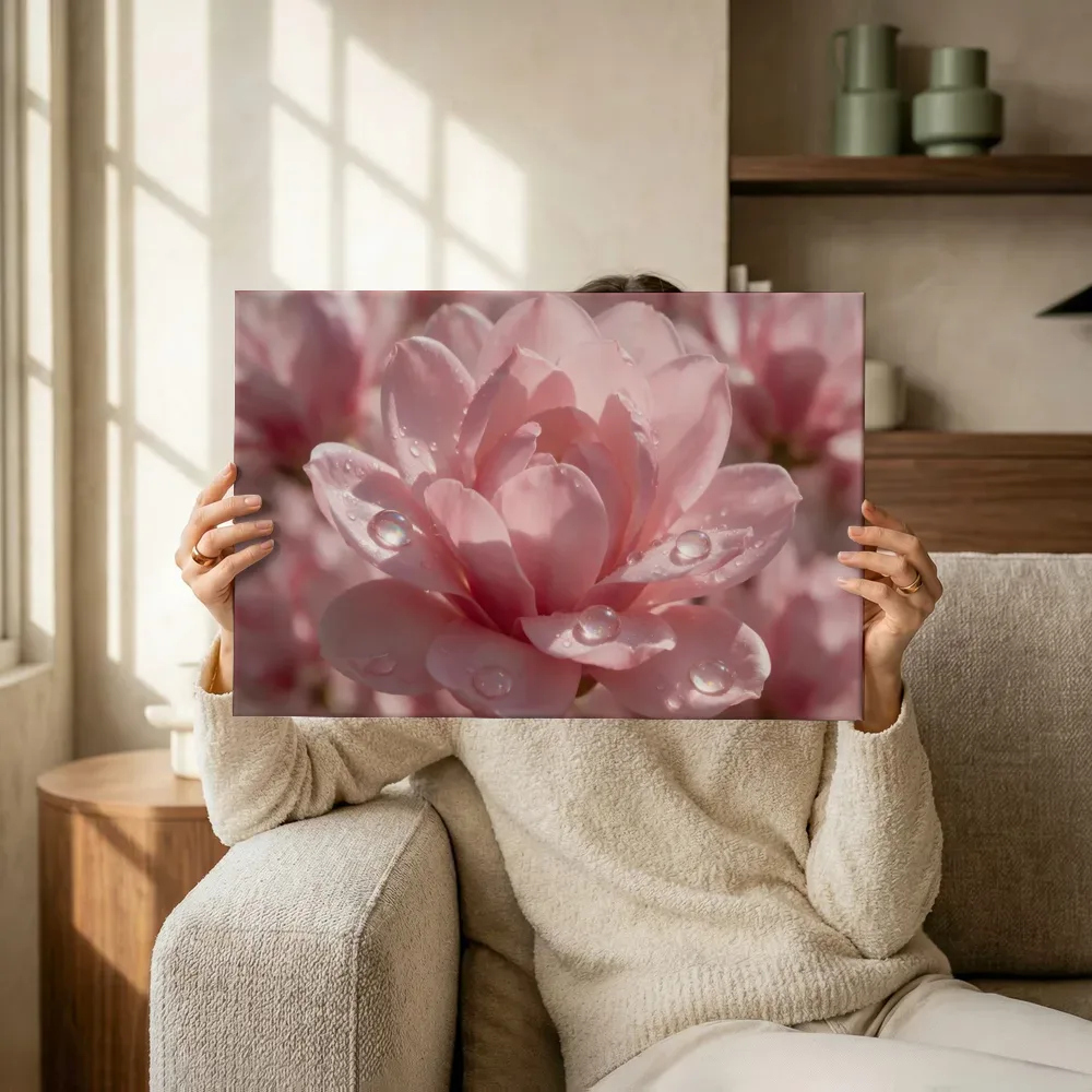 Sfeerimpressie: Magnolia in dauw, regenboogglans, zachtroze terwijl het omhoog wordt gehouden