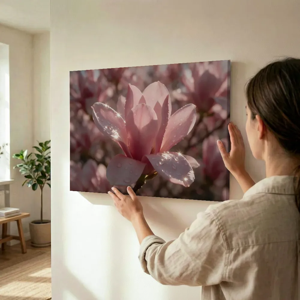 Sfeerimpressie: Magnolia in dauw, sterrenglans, zachtroze terwijl het wordt opgehangen