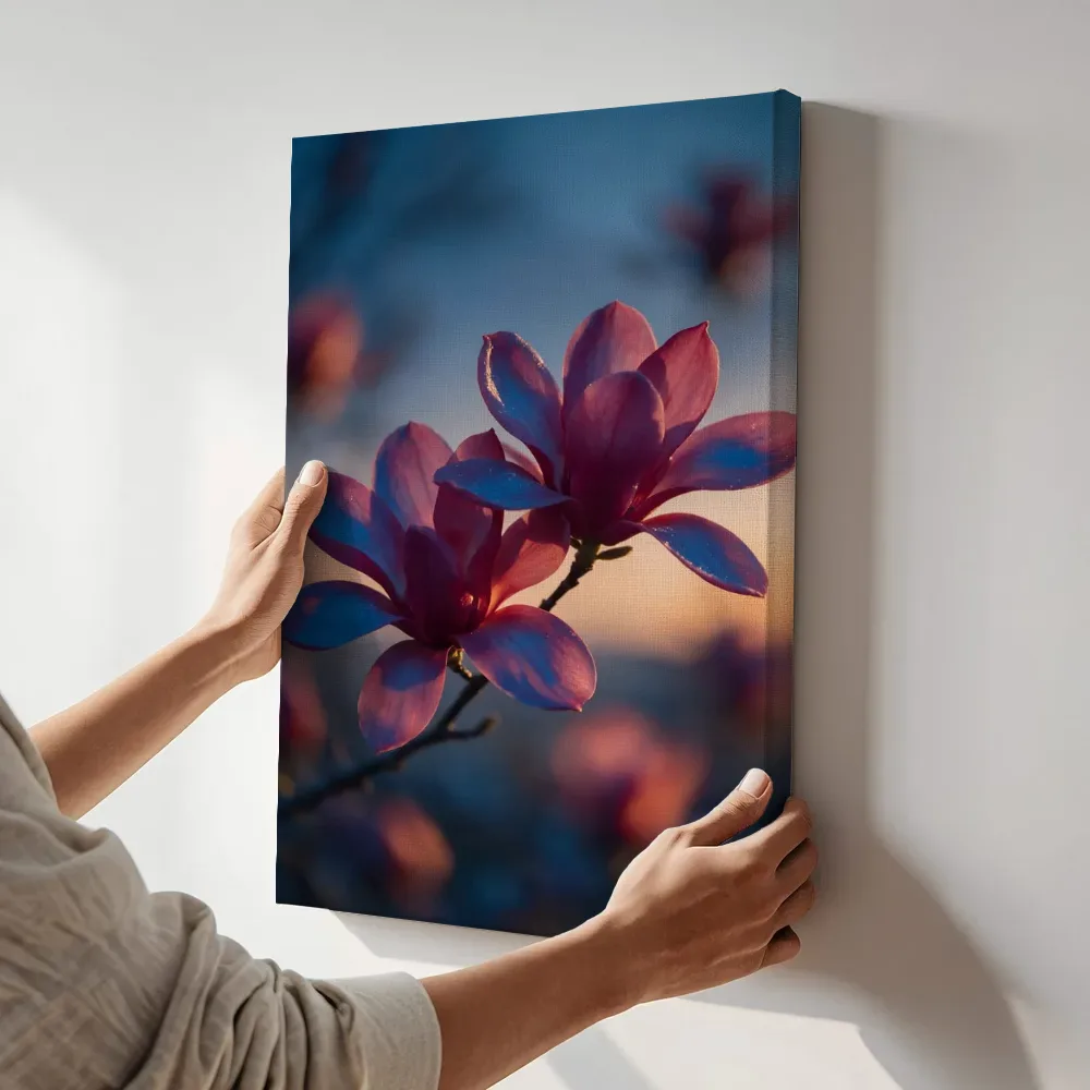 Sfeerimpressie: Magnolia in de schemering, dieproze 3 terwijl het aan de muur wordt gehangen