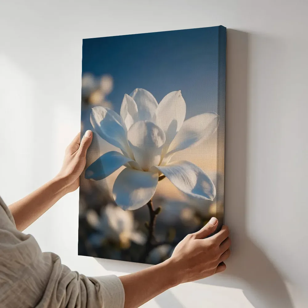 Sfeerimpressie: Magnolia in de schemering, wit 3 terwijl het aan de muur wordt gehangen
