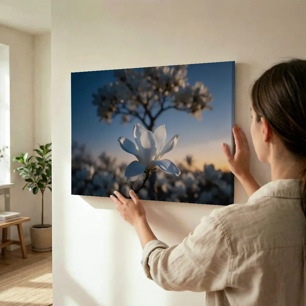 Sfeerimpressie: Magnolia in de schemering, wit 4 terwijl het wordt opgehangen