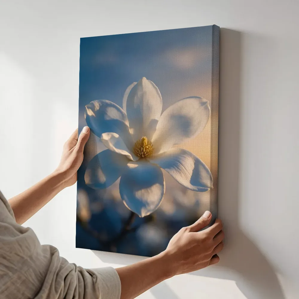 Sfeerimpressie: Magnolia in de schemering, wit terwijl het aan de muur wordt gehangen