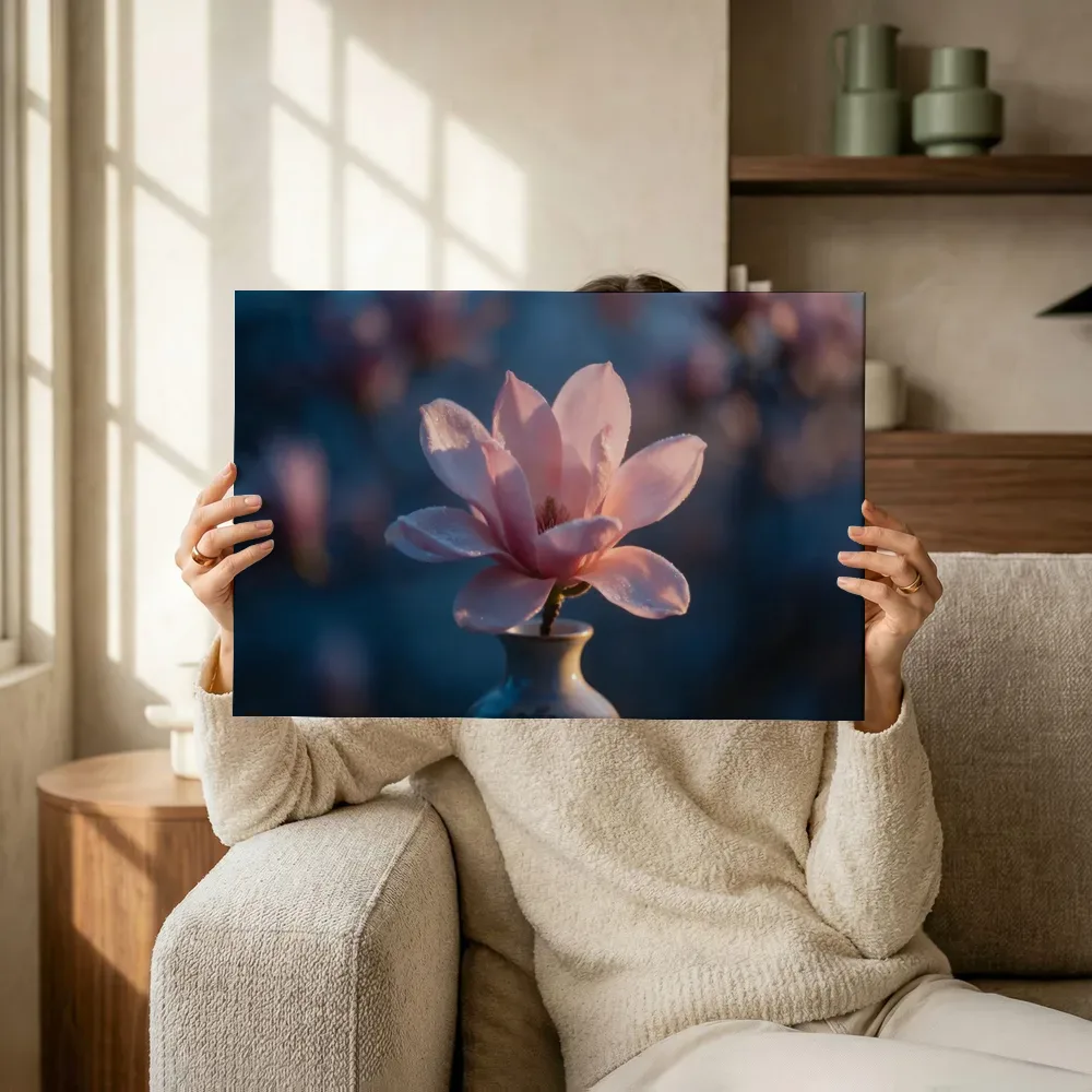 Sfeerimpressie: Magnolia in de schemering, zachtroze 5 terwijl het omhoog wordt gehouden