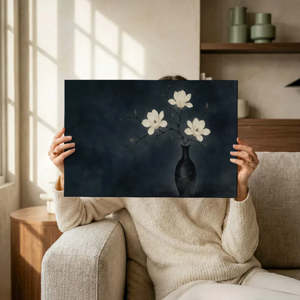 Sfeerimpressie: Magnolia in diep inktzwart terwijl het omhoog wordt gehouden
