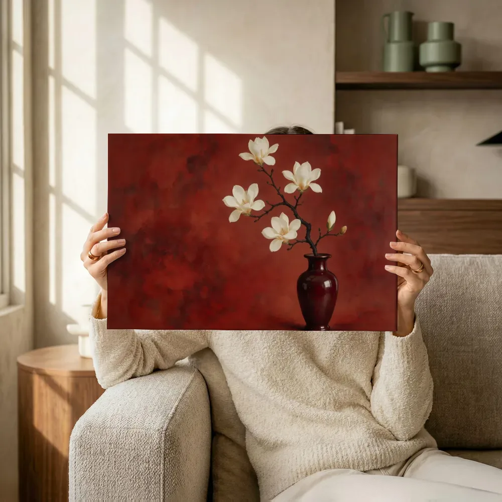 Sfeerimpressie: Magnolia in diep lakrood terwijl het omhoog wordt gehouden