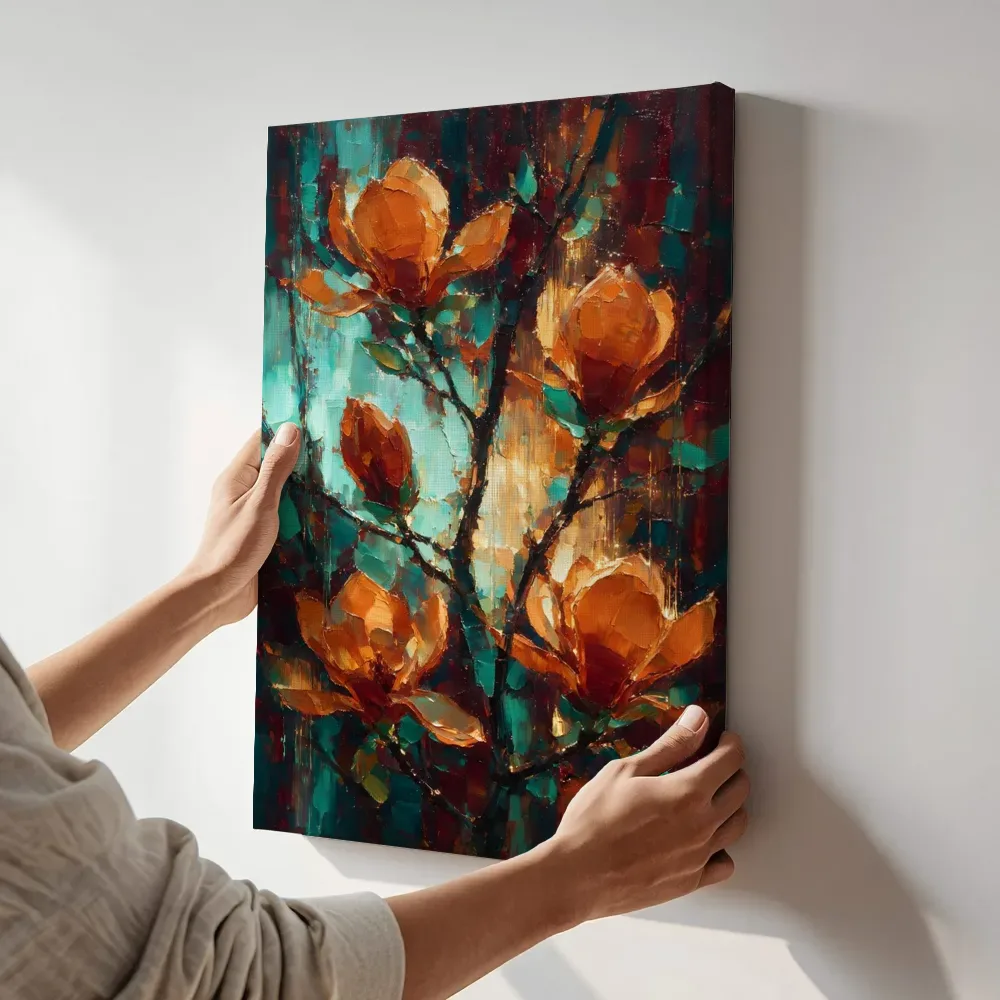 Sfeerimpressie: Magnolia in groepjes in roestturkoois terwijl het aan de muur wordt gehangen