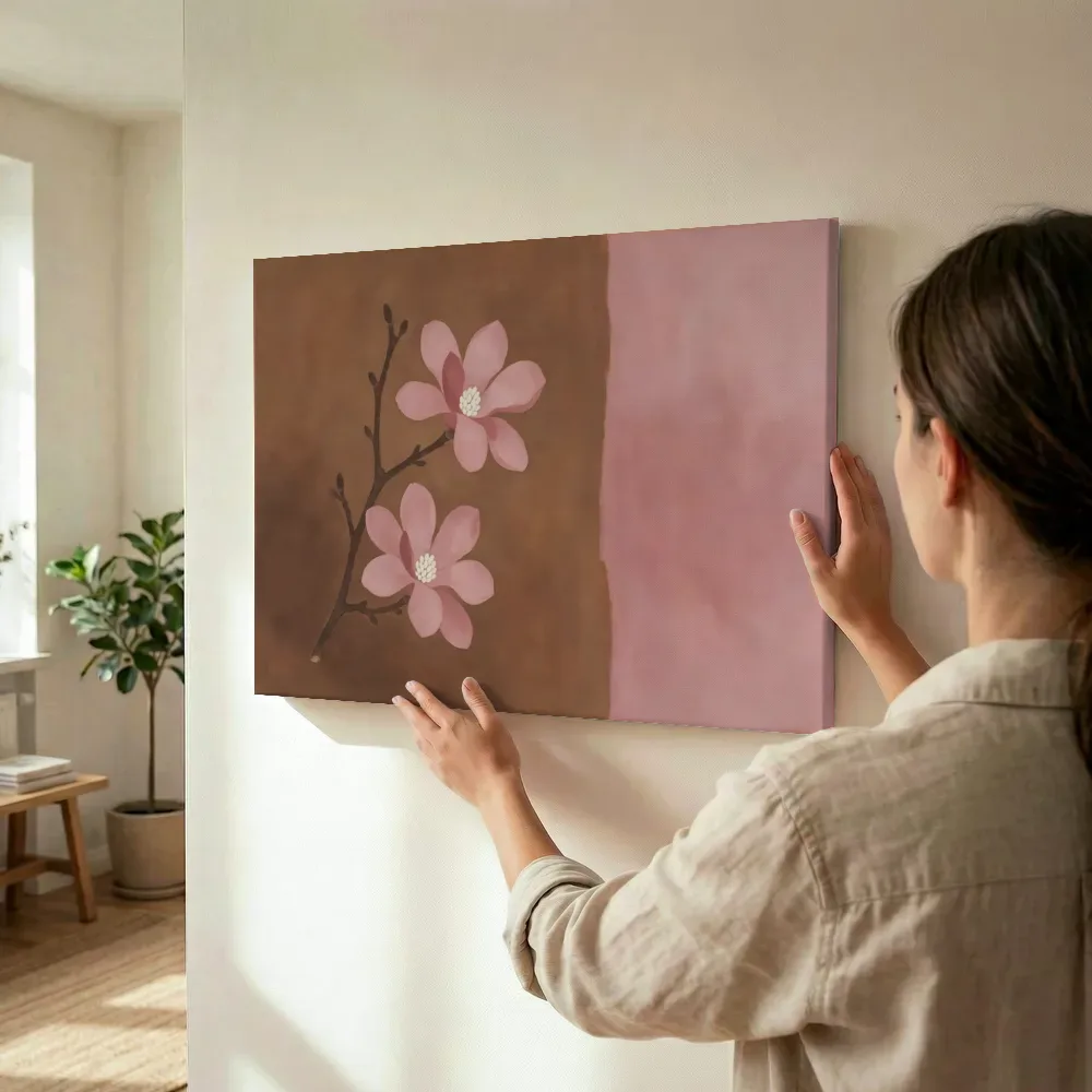 Sfeerimpressie: Magnolia in poederroze en bruin terwijl het wordt opgehangen