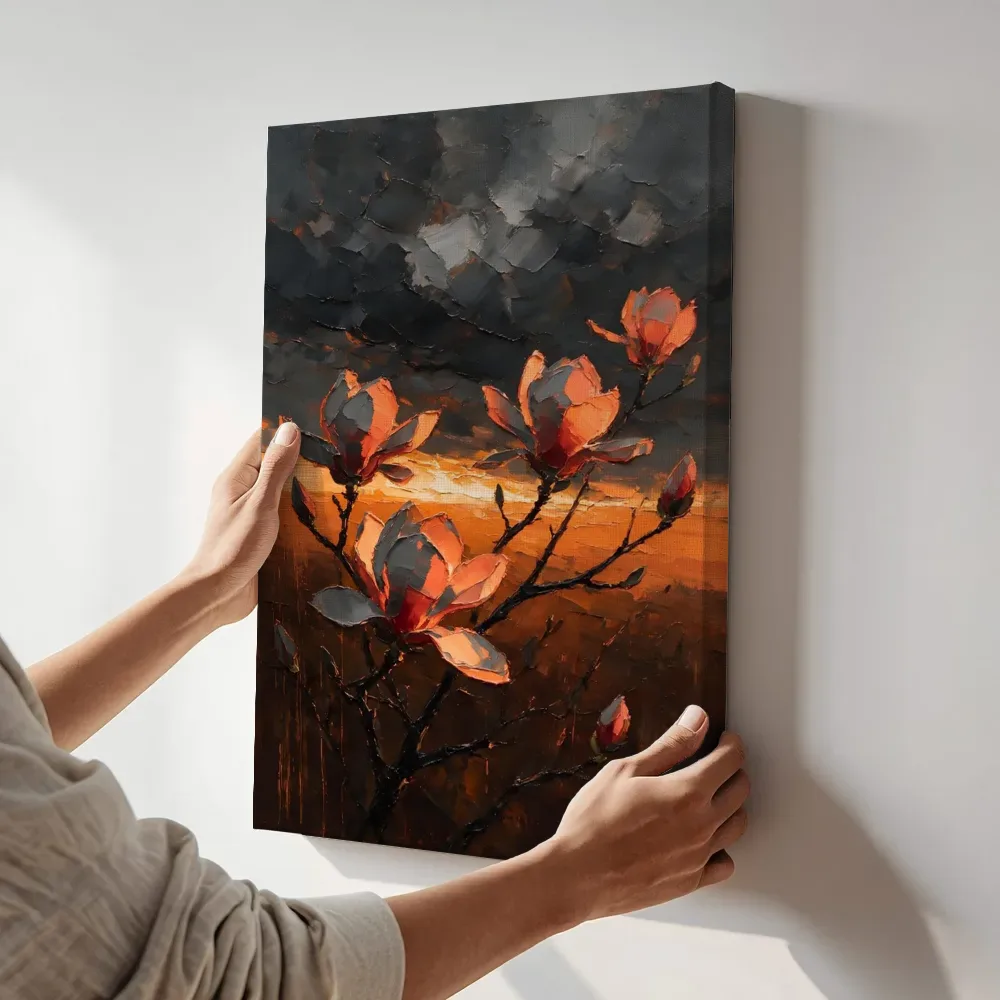 Sfeerimpressie: Magnolia onder een storm in antracietkoraal terwijl het aan de muur wordt gehangen