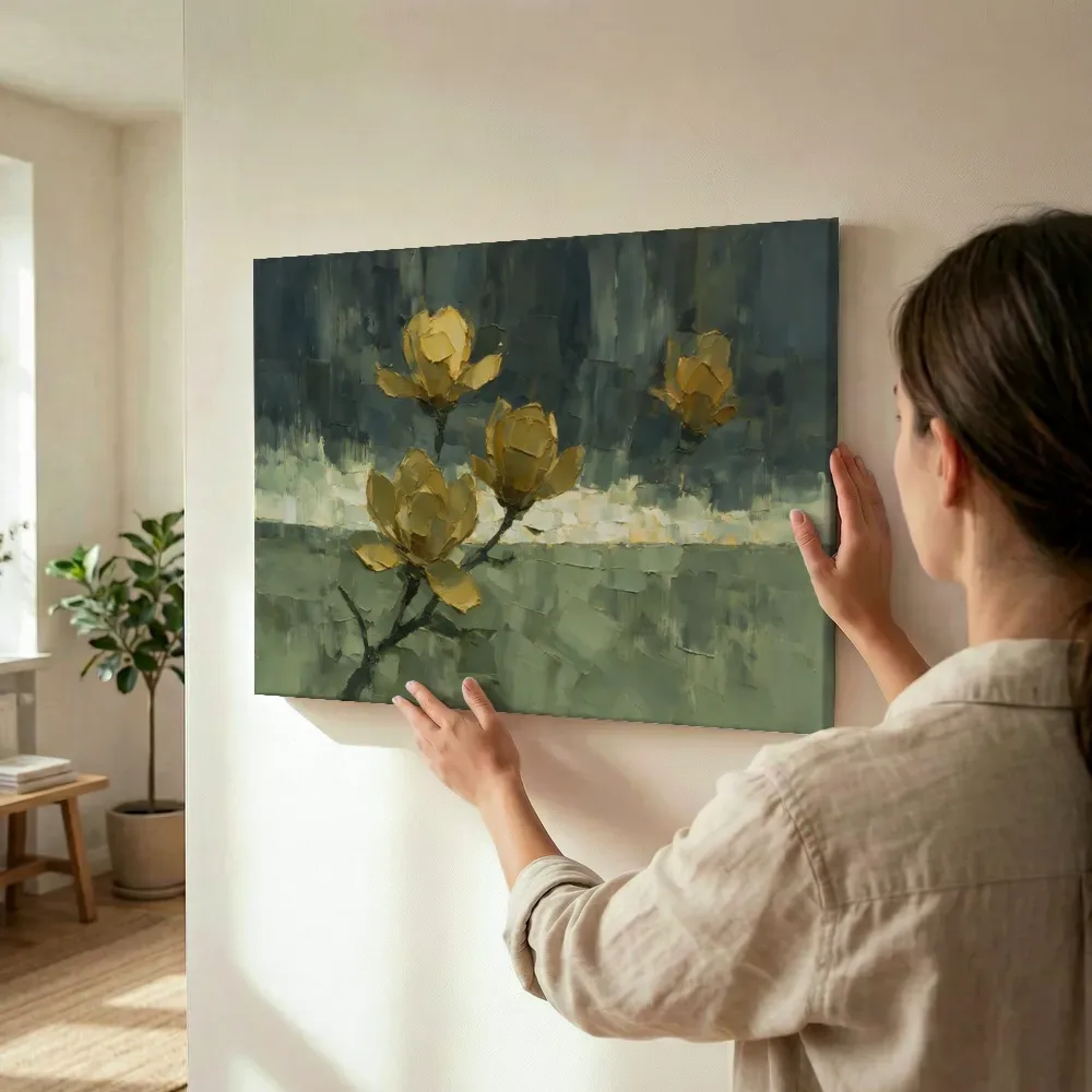 Sfeerimpressie: Magnolia onder een storm in mosterd terwijl het wordt opgehangen