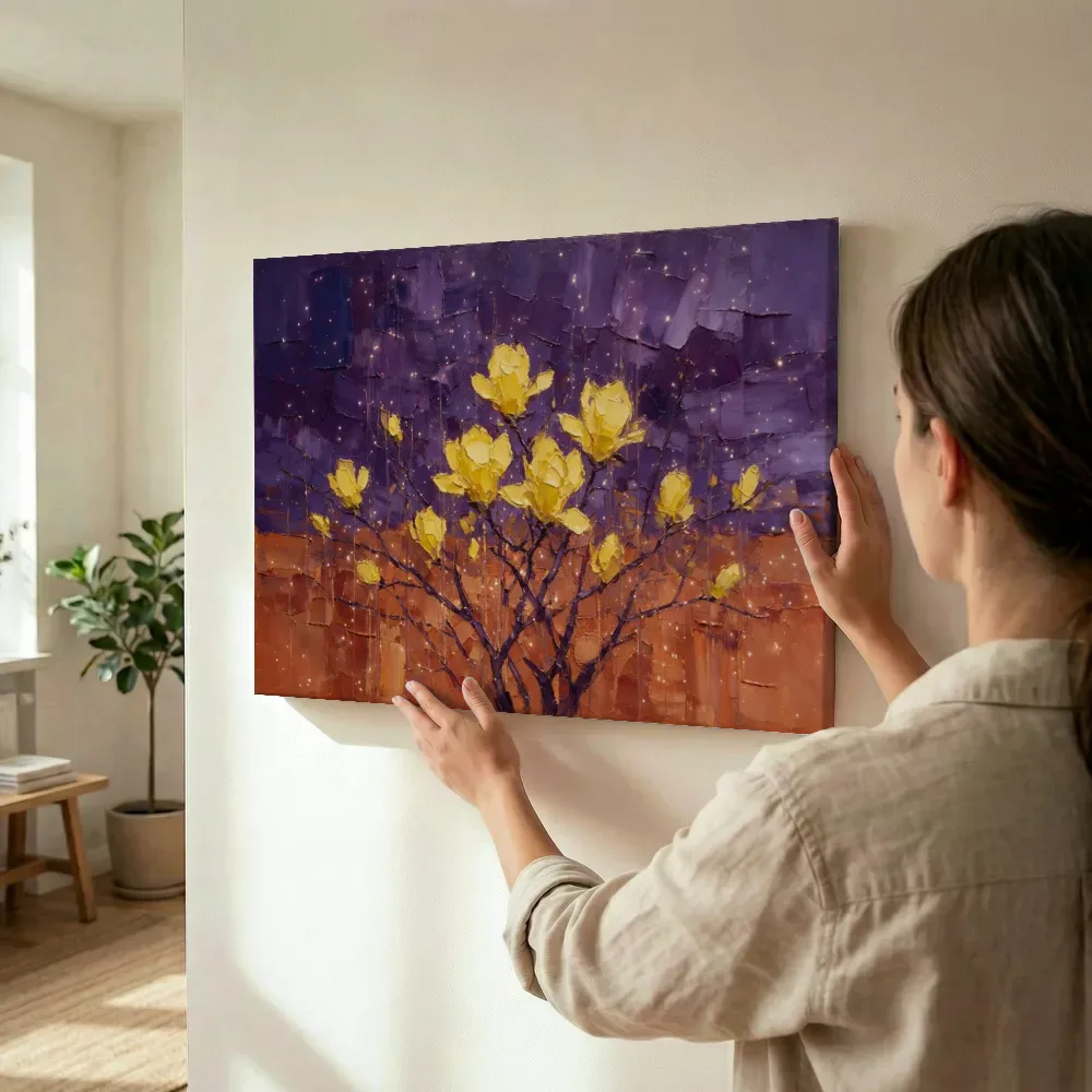 Sfeerimpressie: Magnolia onder een storm in zwavelviolet terwijl het wordt opgehangen