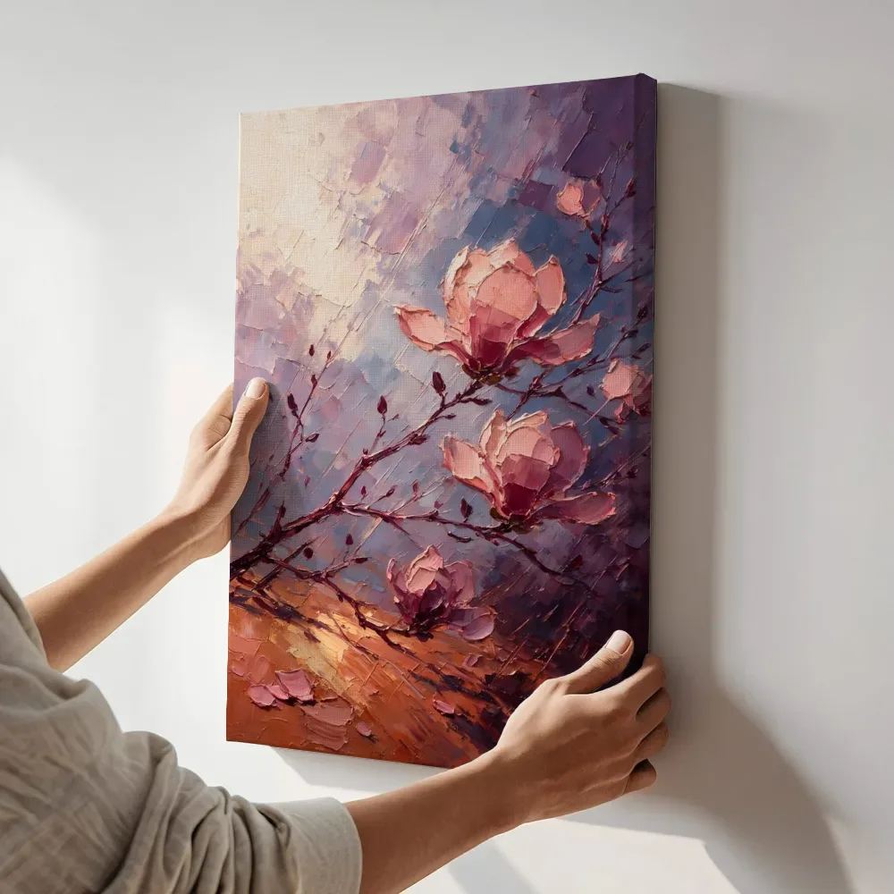 Sfeerimpressie: Magnolia tegen de lucht in oudroze terwijl het aan de muur wordt gehangen