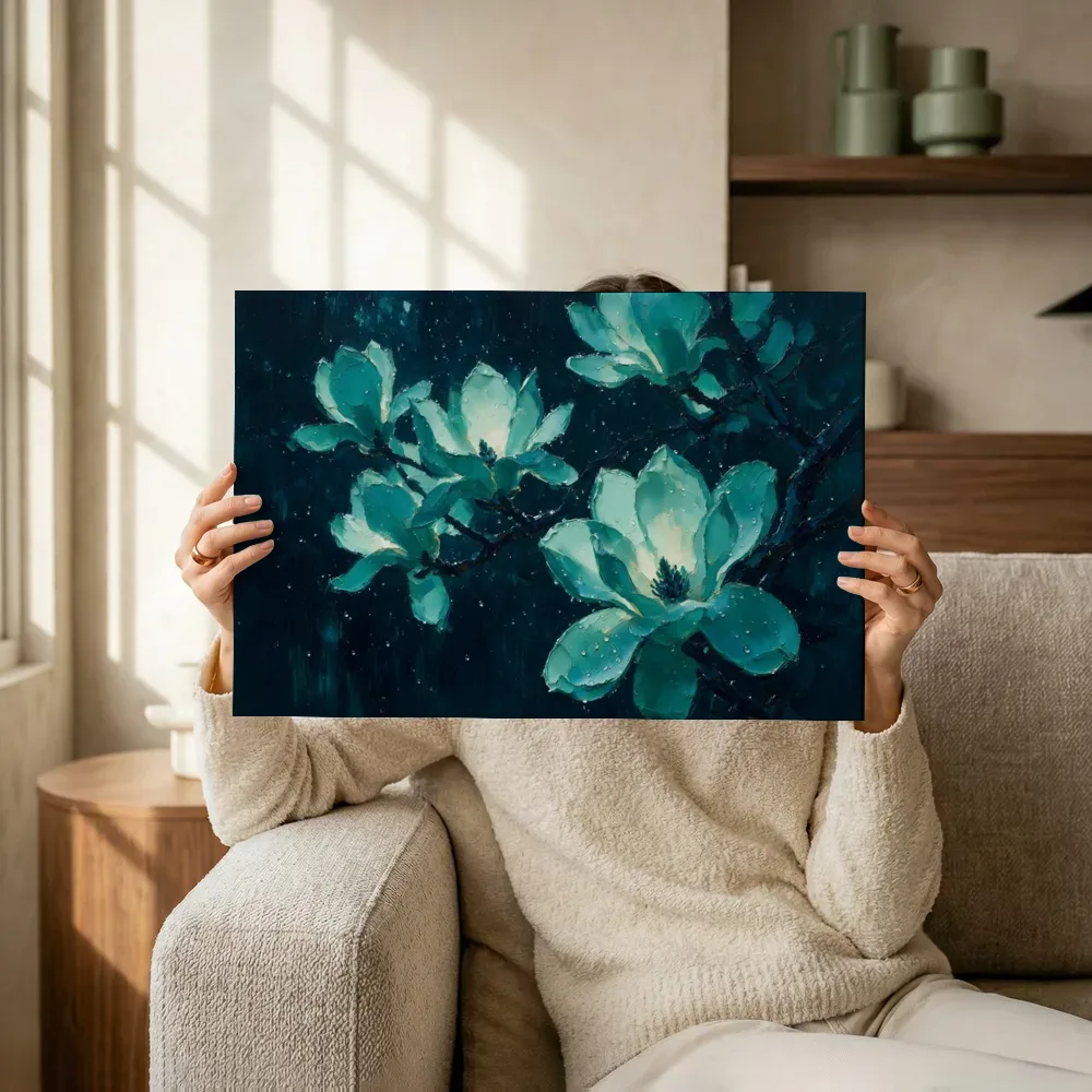 Sfeerimpressie: Magnolia tegen de lucht in turkoois terwijl het omhoog wordt gehouden