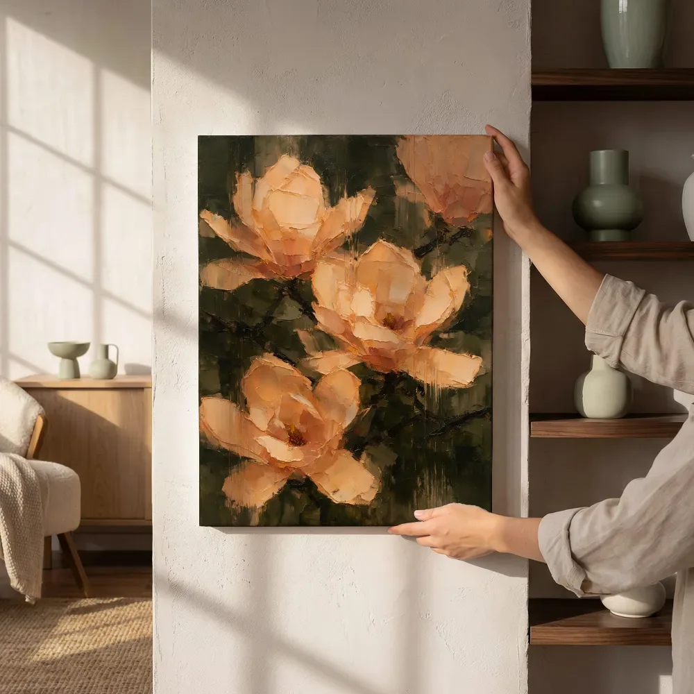 Sfeerimpressie: Magnolia van dichtbij in perzik naast de kast