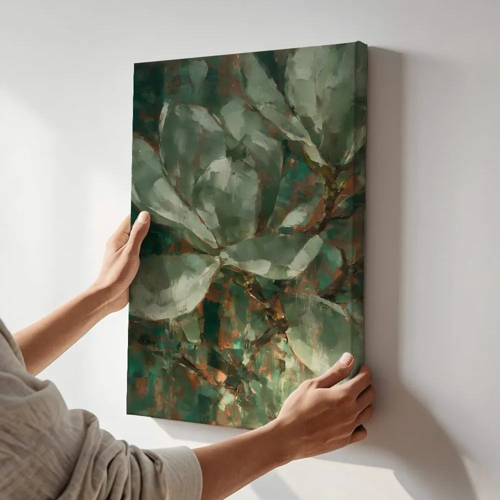 Sfeerimpressie: Magnolia van dichtbij in saliegrijs terwijl het aan de muur wordt gehangen