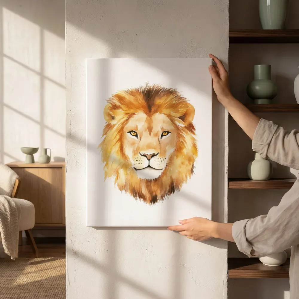 Sfeerimpressie: Majestueuze leeuw aquarel naast de kast