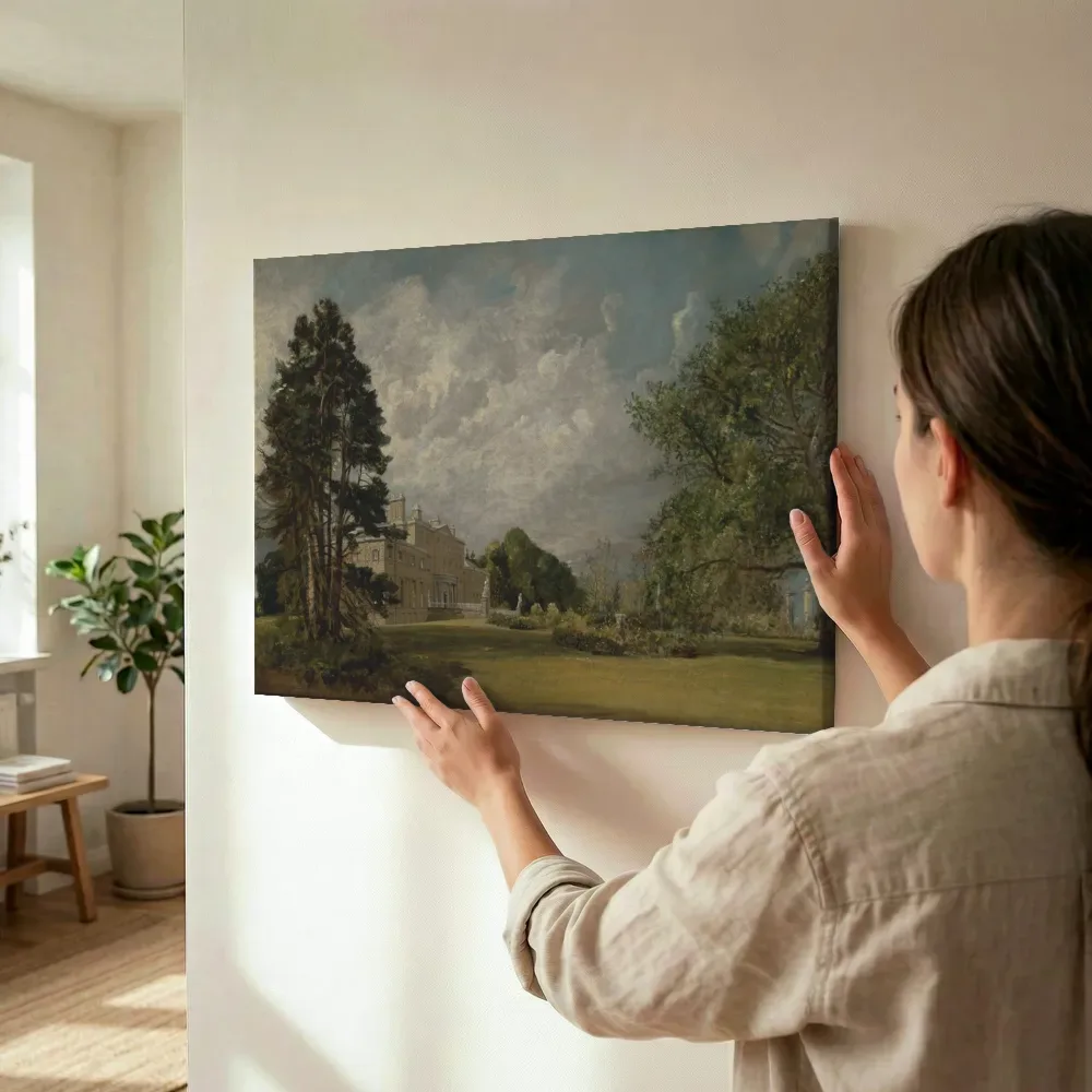 Sfeerimpressie: Malvern Hall, Warwickshire van John Constable terwijl het wordt opgehangen