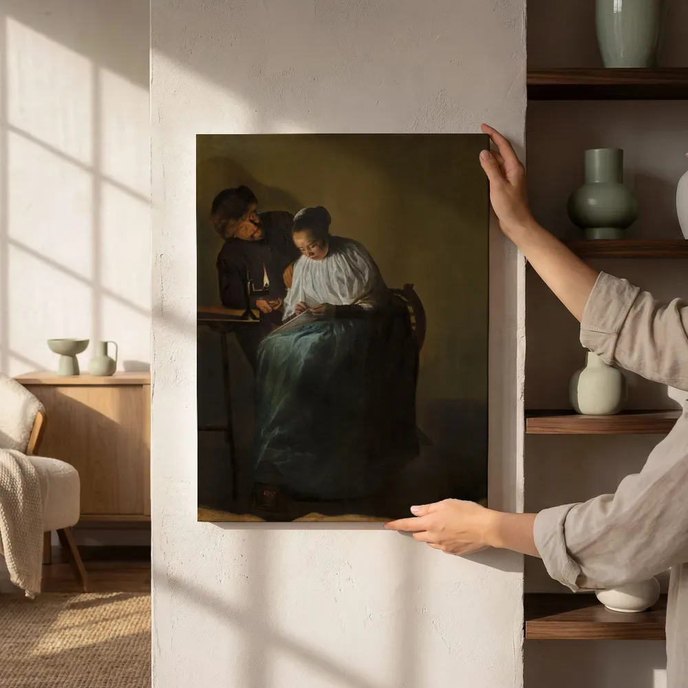 Sfeerimpressie: Man die een vrouw geld aanbiedt van Judith Leyster naast de kast