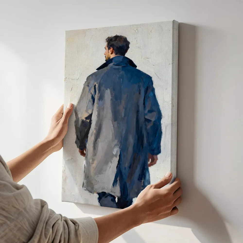 Sfeerimpressie: Man jas met de kracht van inkt terwijl het aan de muur wordt gehangen