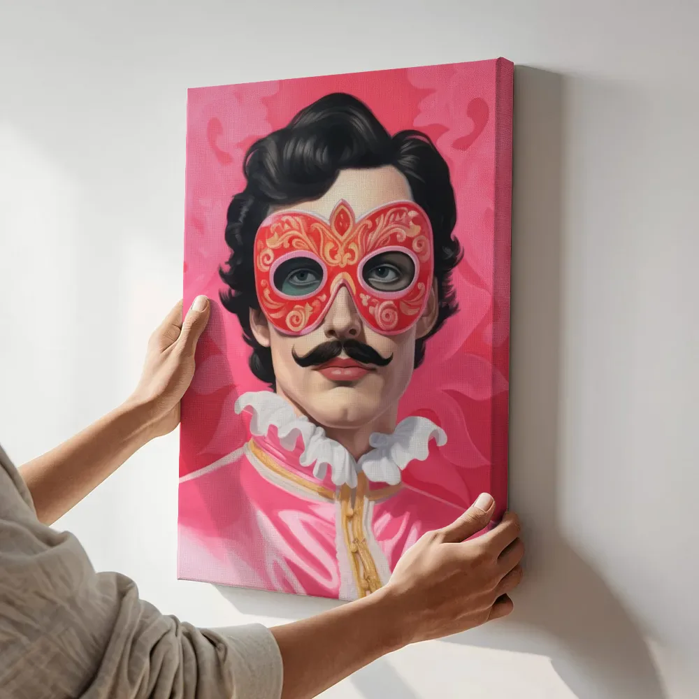 Sfeerimpressie: Heer met masker terwijl het aan de muur wordt gehangen