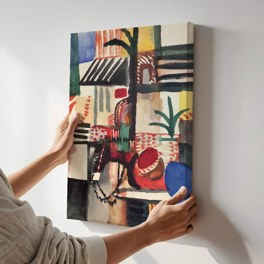 Sfeerimpressie: Man met ezel van August Macke terwijl het aan de muur wordt gehangen