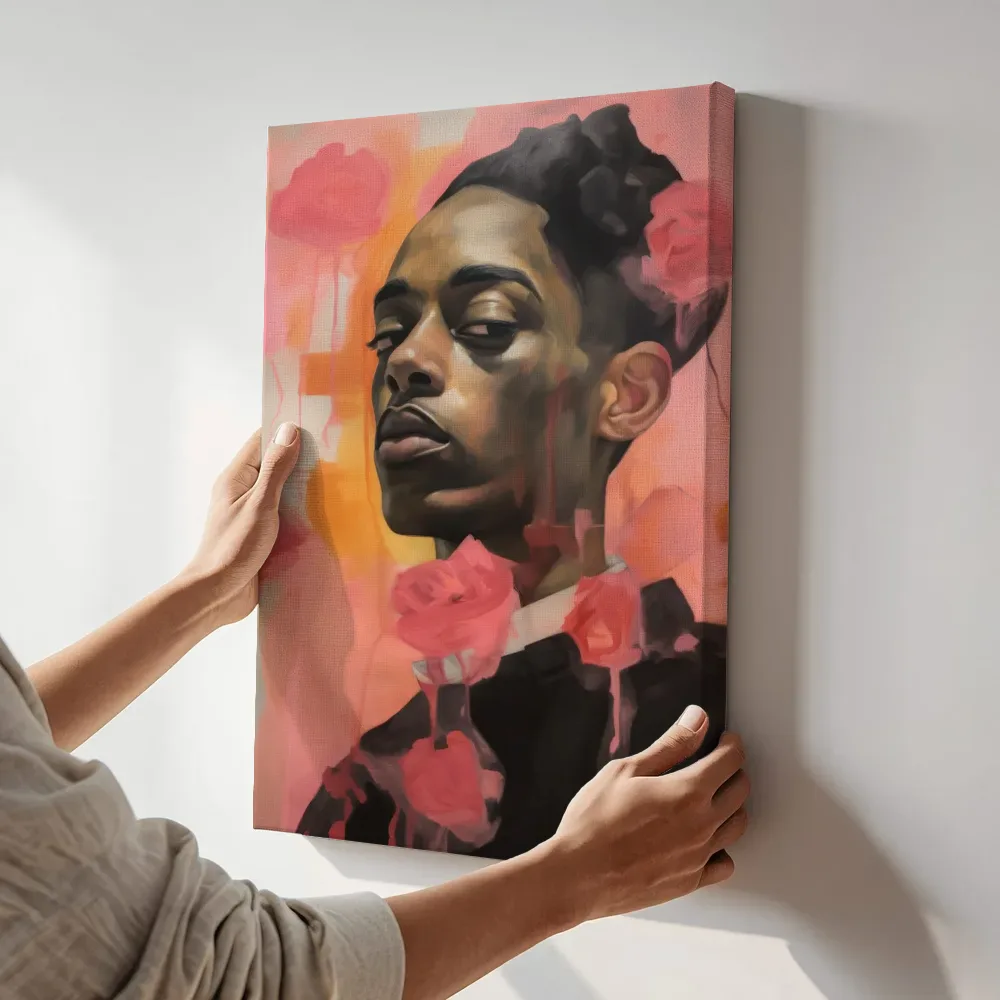 Sfeerimpressie: Mannenportret met rozen terwijl het aan de muur wordt gehangen